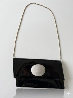 Black Patent Clutch with Silver Oval Accent